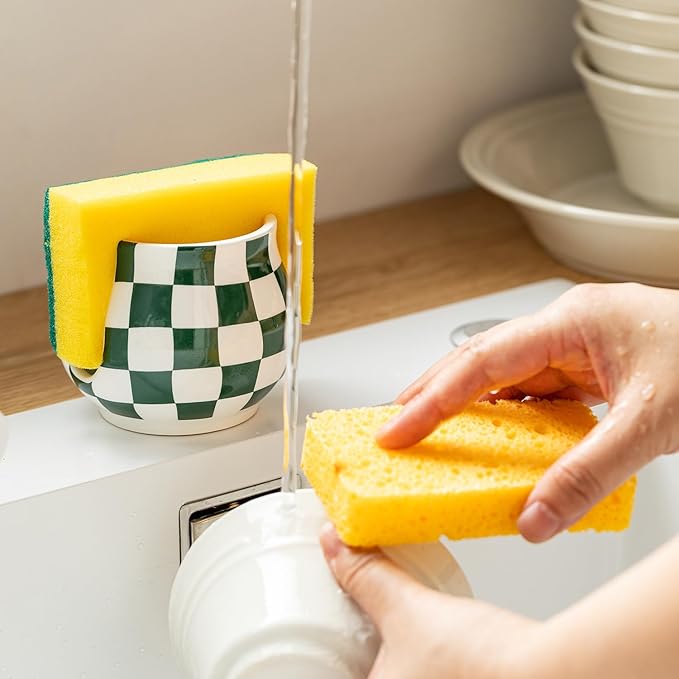 Zoeeker Kitchen Sponge Holder, Ceramic Sponge Organizer Checkered Scrubby Holder Sink Caddy Scrub Dish Rack for Kitchen, Bathroom, Sink, Christmas Decor, Green and White
