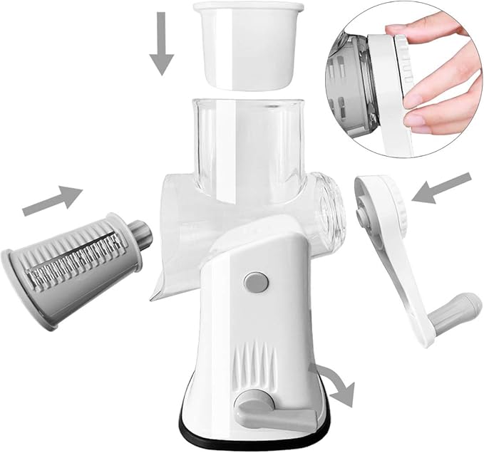 Rotary Cheese Grater Shredder 5-in-1 Tumbling Box Mandoline Vegetable Julienne Slicer Waffle Cutter Nut Chopper with Handle and Strong Suction Base
