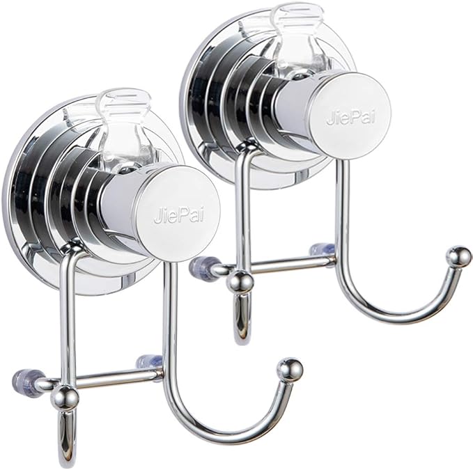 JiePai Suction Cup Towel Hooks,Shower Towel Holder for Bathroom,Suction Shower Towel Rack Organizer for Towel, Bathrobe,Loofah,Coat,Bags,Chrome (2 Pack)