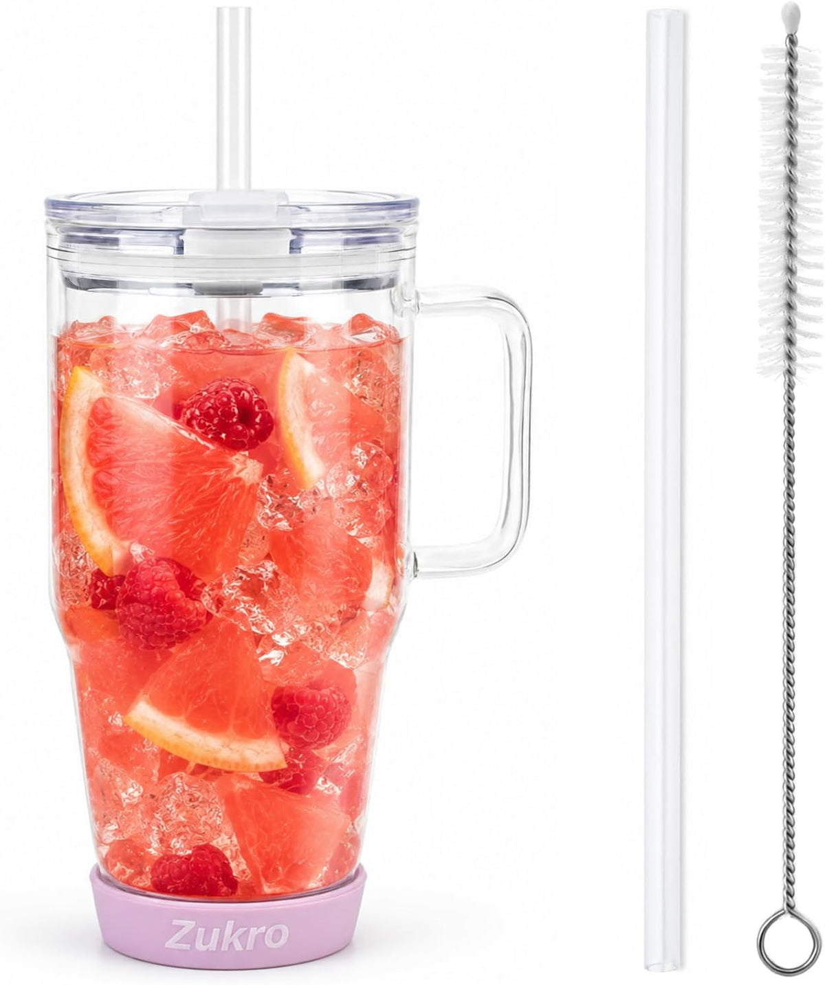 32 oz Borosilicate Glass Tumbler with Handle, Iced Coffee Cup, Reusable, Dishwasher Safe, BPA Free, Lilac