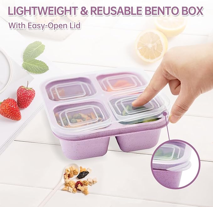 5 Pack Bento Lunch Box,4 Compartment Snack Containers,Divided Snack Box,Meal Prep Lunch Containers FOR Kids/Toddle/Adults,Food Storage Containers for School, Work and Travel
