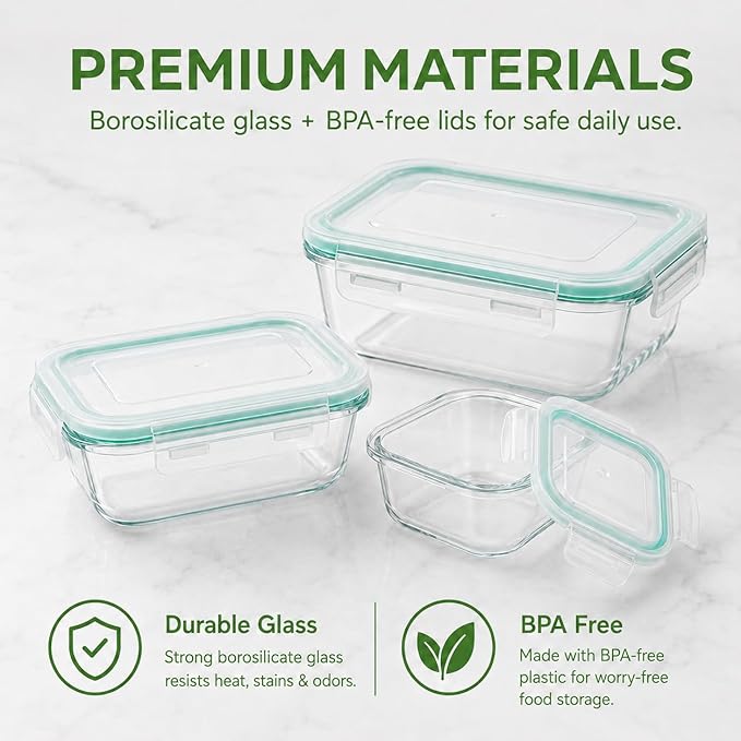 Melovom 8 Pack Glass Food Storage Containers with Lids, Airtight Glass Meal Prep Containers Set, Borosilicate Glass Food Storage Containers, BPA-Free Lids, Microwave, Oven, Freezer & Dishwasher Safe