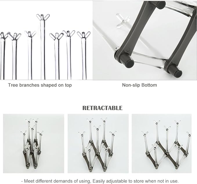 Marbrasse Retractable Cup Drying Rack, Drinking Glass and Sports Bottle Drainer Stand, Plastic Bag Dryer with Non-Slip Bottom for Kitchen Countertop