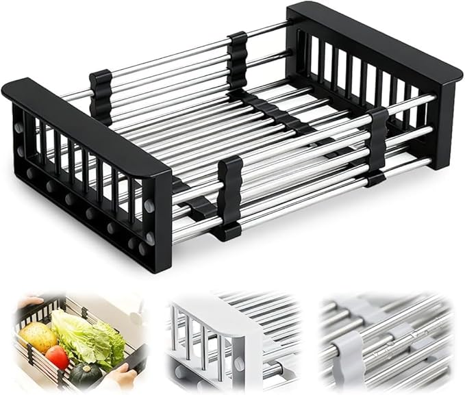 Extend Kitchen Sink Drain Basket, Adjustable Dish Drying Rack with Stainless Steel Drain Basket for Kitchen， Upgraded Retractable Kitchen Sink, (Black, Large)