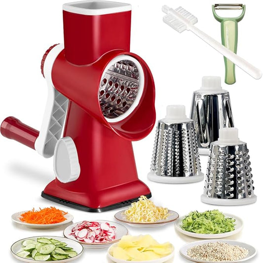 Rotary Cheese Grater Shredder with Handle Handheld Round Mandoline Vegetable Slicer Carrot Shredder Nut Grinder with 3 Replaceable Stainless Steel Drum Blades and Upgrade Strong Suction, Red/White