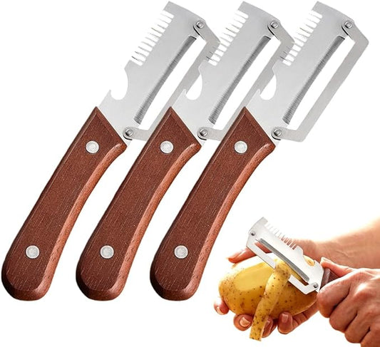 2026 New Multi-functional Vegetable Peeler, 3 in 1 Ktchen Multi-function Stainless Steel Thickened Fruit Peeler Knife with Wooden Handle, Suitable for Peeling Fruits and Shredding Scallions (3)