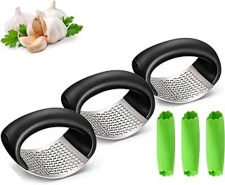 Garlic Press Rocker Set,304 Stainless Steel Mincer Peeler,Ergonomic Manual Garlic Crusher for Sauces Soups Pasta.（3 PCS）