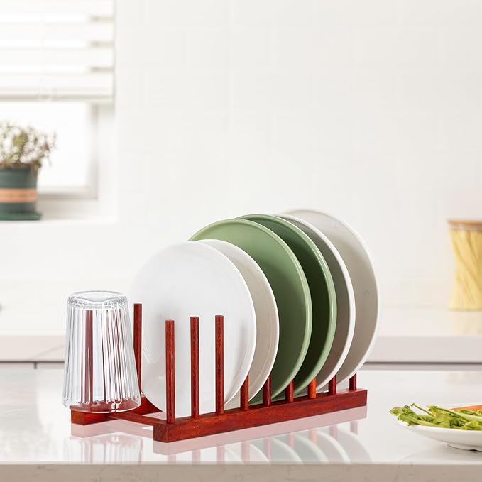 HBlife 2pcs Rosewood Wooden Dish Drying Rack - Home and Kitchen Organizer for Cups, Bowls, Pots, Lids, Cutting Boards & Plates Space-Saving for Cabinets Counters (8 Slots)