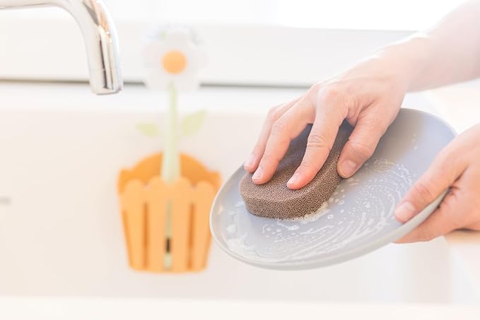 Vigar Florganic Kitchen Sink Caddy Organizer - Dish Sponge Holder with Flower Dish Brush, Suction Cup & Sponge for Kitchen Sink, Decorative Kitchen Sink Accessories Countertop Storage Set - Orange