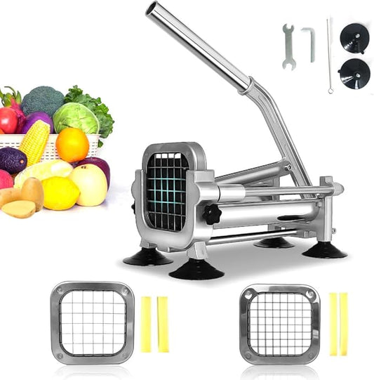 French Fry Cutter Stainless Steel, Heavy Duty Stainless Steel Manual Potato Slicer, Commercial 1/2 3/8 Inch Blades Potato Cutter with Brush, Wrench & Sucker (1/2"&3/8" cutter)