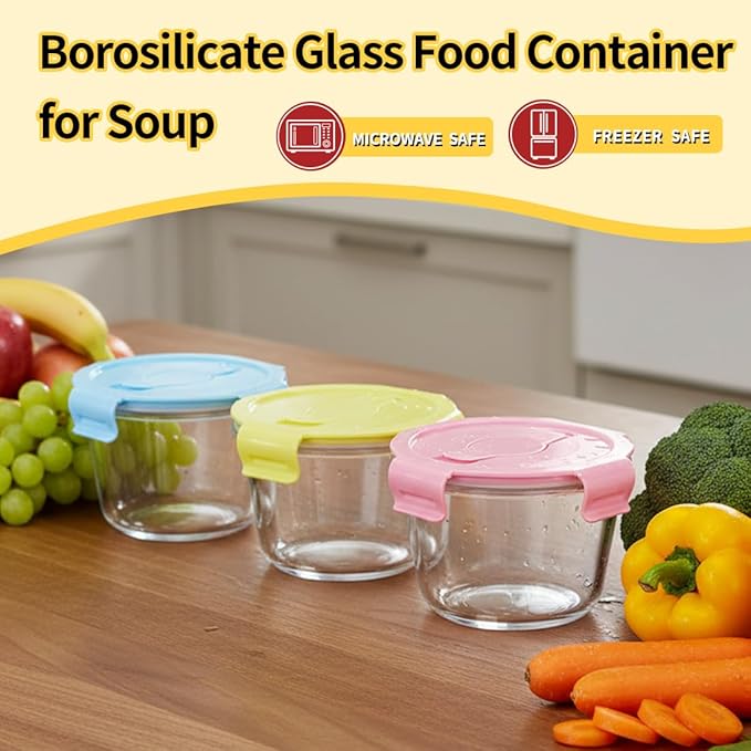 2 Cup Round Glass Soup Container with Lids and Spoons, 16oz Round Food Containers set, BPA-Free Small Borosilicate Glass Meal Prep Bowls for Leftover, Office. Oven, Freezer Safe (4 Pack)