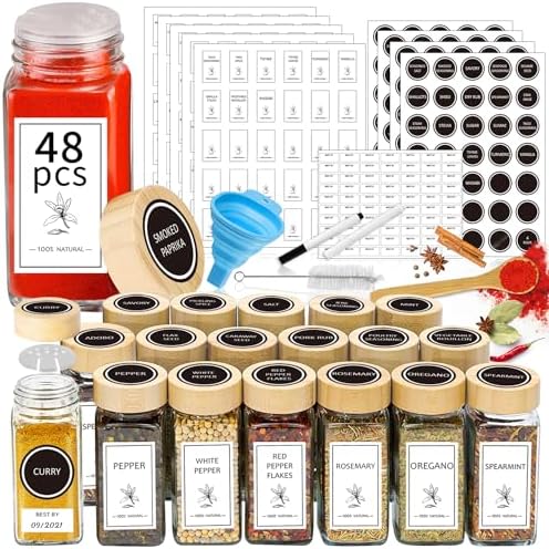 Spice Jars with Lable, 48 Pcs 4 oz Glass Spice Jars with Bamboo Lids, Spice Containers Bottles, Glass Seasoning Jars with Shaker Lids, Collapsible Funnel, for Spice Racks, Pantry,Cupboard