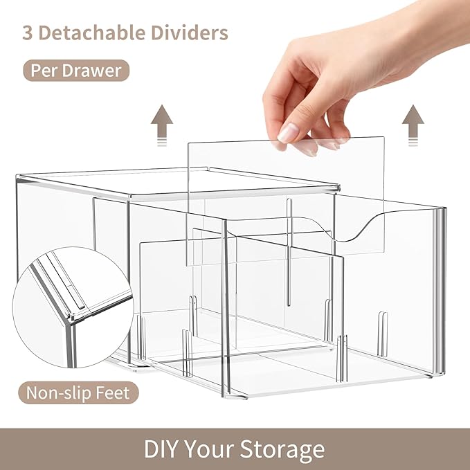4 PCS Clear Stackable Storage Drawers with Adjustable Dividers, 6 Compartments Large Tea Bag Organizers, Acrylic Food Storage Bins for Pantry, Kitchen Cabinet, Fridge, Sugar & Spice Packets, Snacks
