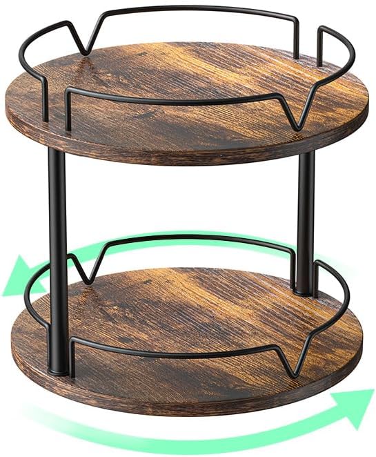 12" Wood Lazy Susan, 2 Tier-Rotating Spice Rack, Rustic Brown