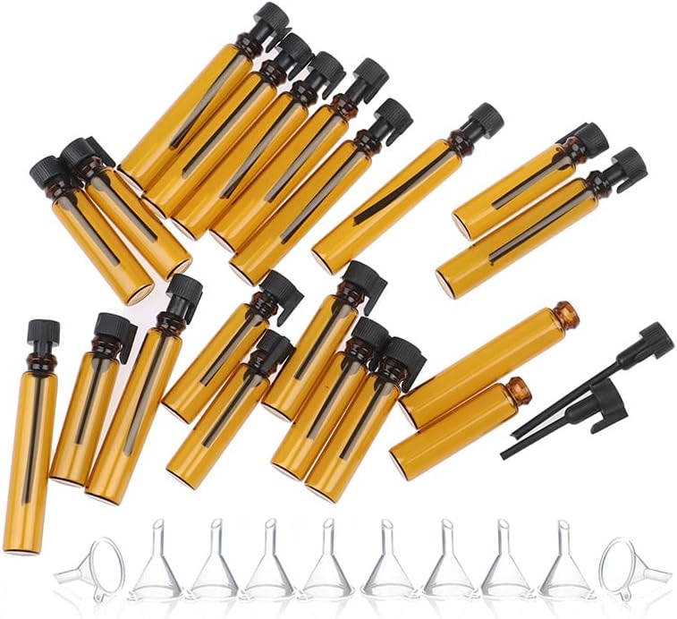 100 Dropper Bottles 2ML and10 Funnels Amber Glass Mini Small Empty Perfume Sample Bottles with Black Caps for Aromatherapy, Perfume Samples, Travel Size Liquid Storage by TravelMirror