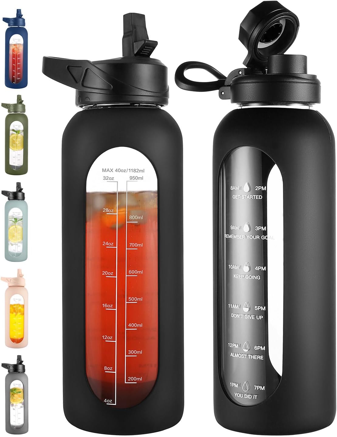 40 oz Glass Water Bottle with Straw, Large Motivational Water Jug