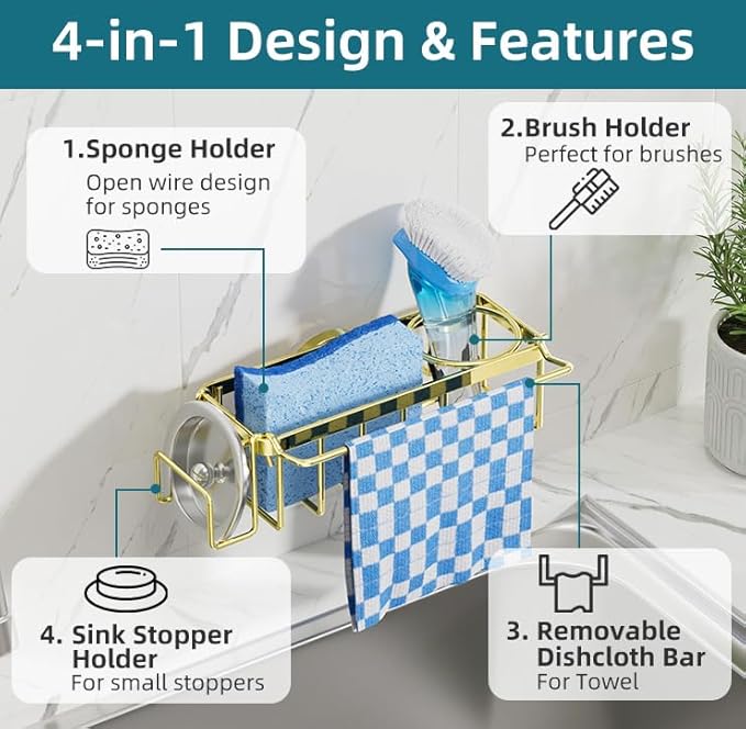 TAILI 4-in-1 Sink Caddy with Strong Suction Cup, Sponge Holder for Kitchen Sink Organizer, Removable, Rustproof, Stainless Steel Holder for Sponge, Brush, Scrubber, Scraper - Gold