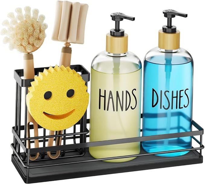 Kitchen Dish Soap Dispenser Set, 16OZ Glass Bottle, Black Tray+Clear Bottle