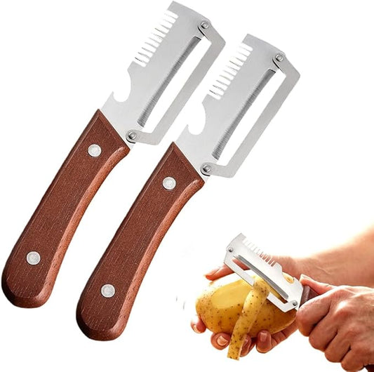2026 New Multi-functional Vegetable Peeler, 3 in 1 Ktchen Multi-function Stainless Steel Thickened Fruit Peeler Knife with Wooden Handle, Suitable for Peeling Fruits and Shredding Scallions (2)