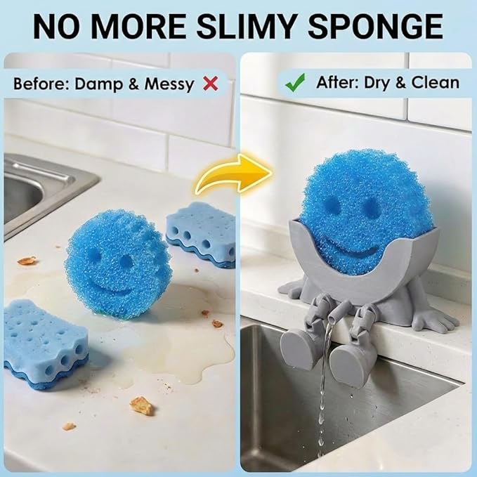 Creative Hanging Sponge Holder with Drainage/Traceless Glue, 3D Printing Countertop Funny Sponge Holders for Kitchen Sink, Keeps Your Sponge Dry & Smiling, for Scrub Daddy Holder (1, Grey)