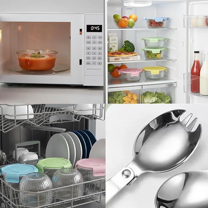 12oz Round Glass Food Storage Containers with Lids and Foldable Cutlery, 1.5 cup Round Glass Lunch Containers, Small Food Bowls for Office, School, Outdoor, Microwave, Freezer Safe -4 Pack
