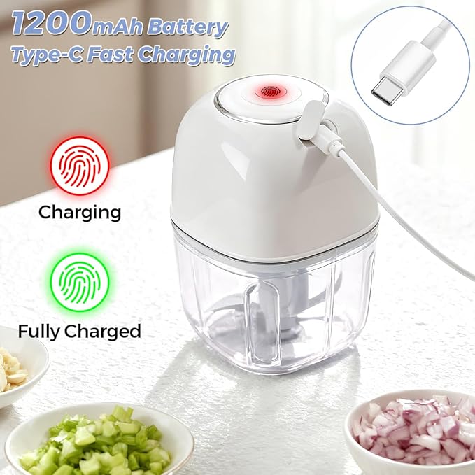 Electric Garlic Chopper, Portable Food Processor 350ML Rechargeable USB C Vegetable Blender with 6 Stainless Steel Blades Safty Lock, Cordless Mini Chopper for Onion Nuts Chili Herb Meat