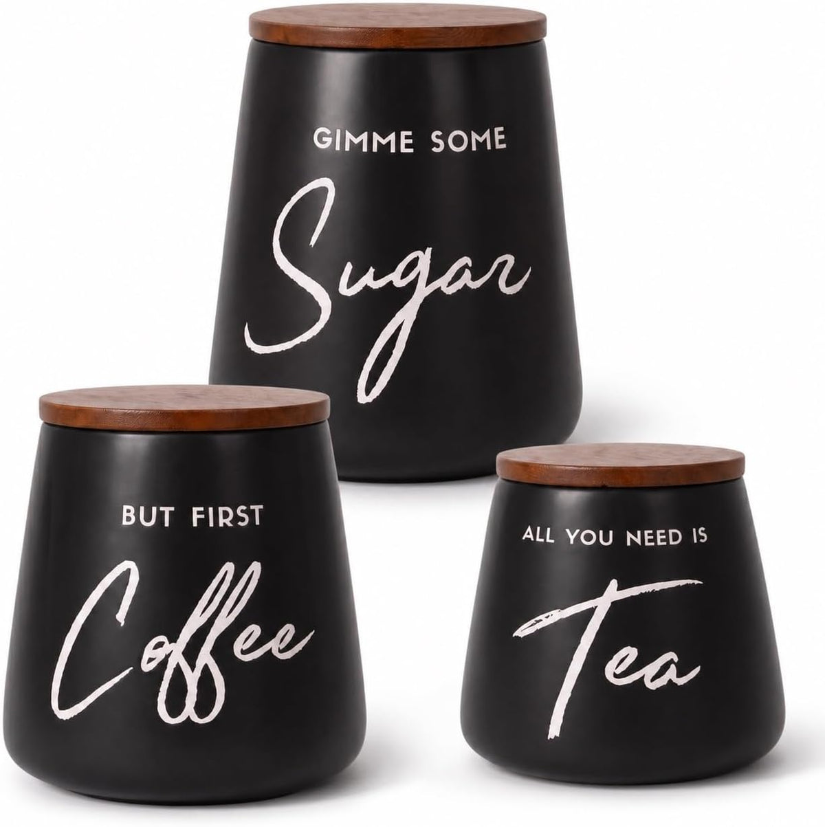 Modern Coffee Tea Sugar Container Set, 3pc Ceramic Storage Jar, Matte Black