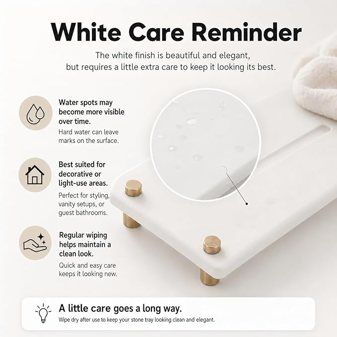 Razborci Water Absorbing Stone Sink Caddy Kitchen Sink Organizer Tray, Diatomite Bathroom Counter Tray, Gold Faucet Drying Mat Coaster Soap Dish Rack Riser Dispenser Sponge Holder, White 10" x 4"