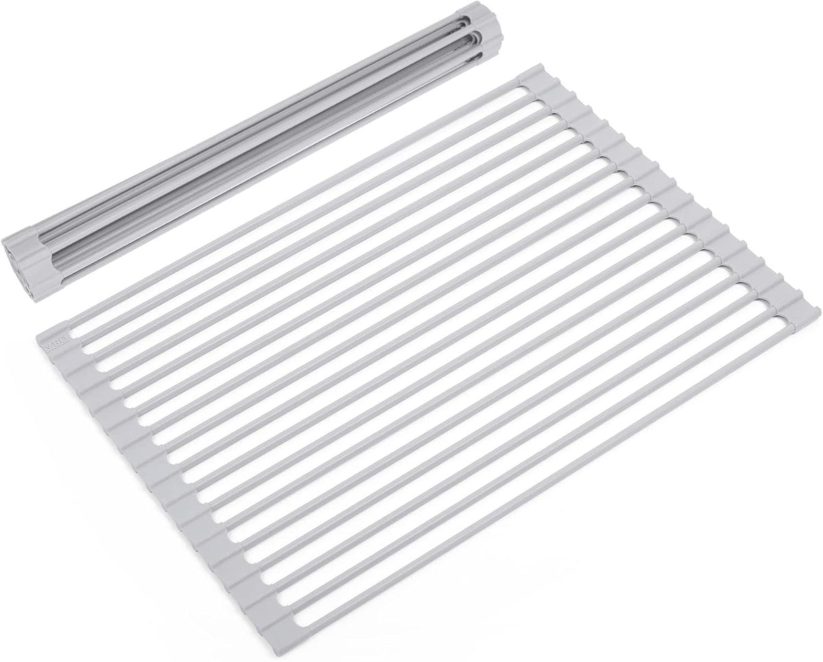 Roll Up Dish Drying Rack Over Sink, 17.5" x 13" Silicone Coated Stainless Steel Sink Drying Rack, Foldable Dish Drainer Rack for Kitchen Counter, Heat Resistant, Non-Slip, Space Saving, Gray