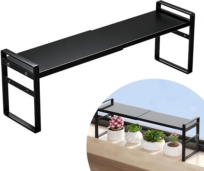 Retractable Over The Sink Shelf - Carbon Steel Window Sill Plant Shelves, Kitchen Counter Shelf for Plants & Storage Organization Accessories (Black)