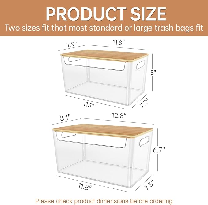 COAZEX 2 Pack Trash Bag Holder Under Sink Stackable, Plastic Garbage Dispenser with Lid, Trash Bag Storage Dispenser Roll Holder for Kitchen, Pantry, Laundry Room Organization