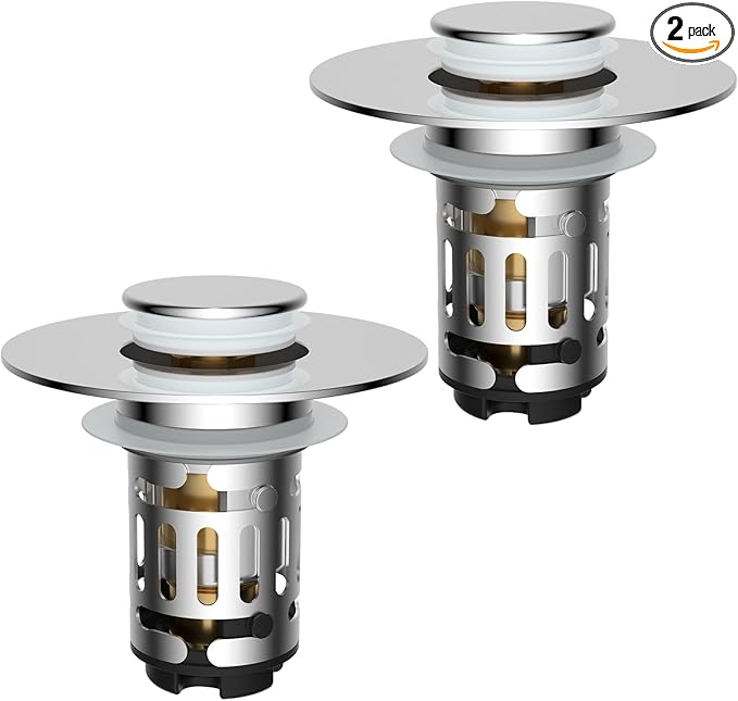 Hibbent 2 Pack 3 in 1 Bathroom Sink Drain Strainer, Universal Pop Up Stopper with Removable Stainless Steel Filter Basket Hair Catcher, Sink Plug for 1.1''~2.36'' Basin, Brass Bullet Core, Chrome