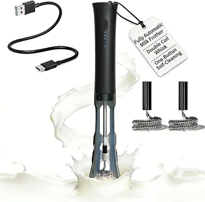 Milk Frother Handheld Rechargeable, Low Noise Frother Wand with Hands-Free Stand, Dual Coil Milk Frother for Coffee, Latte, Cappuccino & Matcha for Thick Creamy Foam, Anti-Accidental Start Design