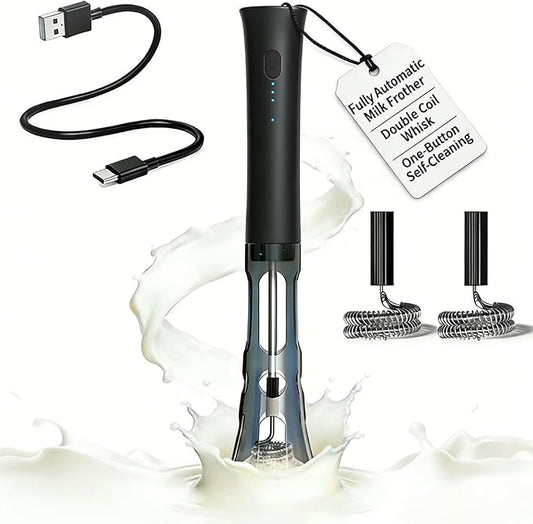 Milk Frother Handheld Rechargeable, Low Noise Frother Wand with Hands-Free Stand, Dual Coil Milk Frother for Coffee, Latte, Cappuccino & Matcha for Thick Creamy Foam, Anti-Accidental Start Design