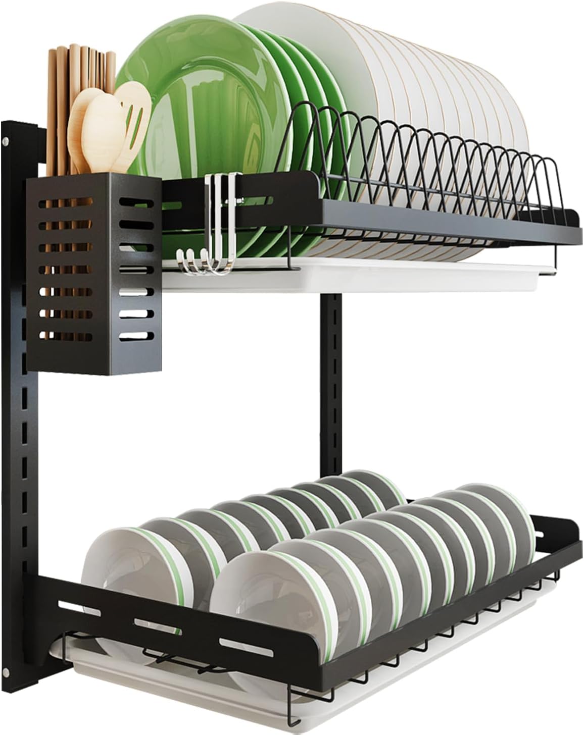 Kitchen Dish Rack,Hanging Dish Drying Rack Organizer Storage Shelf Over Sink,2 Tier Wall Mount Bowl Holder with Drain Tray and Silverware Stainless Steel Black Coating Ajustable Height