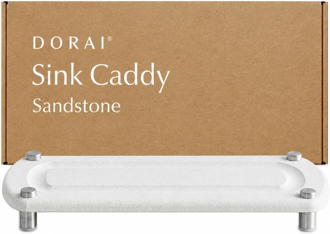 Home Stone Kitchen Sink Caddy - Diatomaceous Earth Sink Tray with Stainless Steel Feet, Water-Absorbing Countertop Organizer for Kitchen or Bathroom - Sandstone