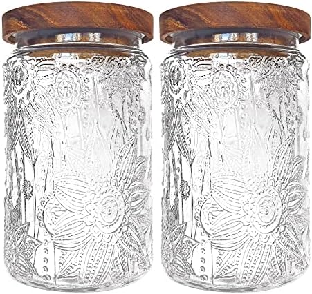 35oz/1000ml Glass Storage Jars with Nature Wood Lids, Airtight Food Storage Containers for Kitchen Organization, Large Capacity for Cookie, Pasta, Sugar, Flour, Cereal - Set of 2 （sunflower）