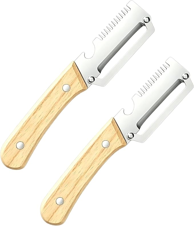 Vegetable Peeler, Multi Functional Premium 3-in-1 Potato Peelers, with Wooden Handle & Bottle Opener, Stainless Steel Kitchen Tool for Fruit Potato Pumpkin Papaya, Pare Necessary Kitchen Tools 2 Pack