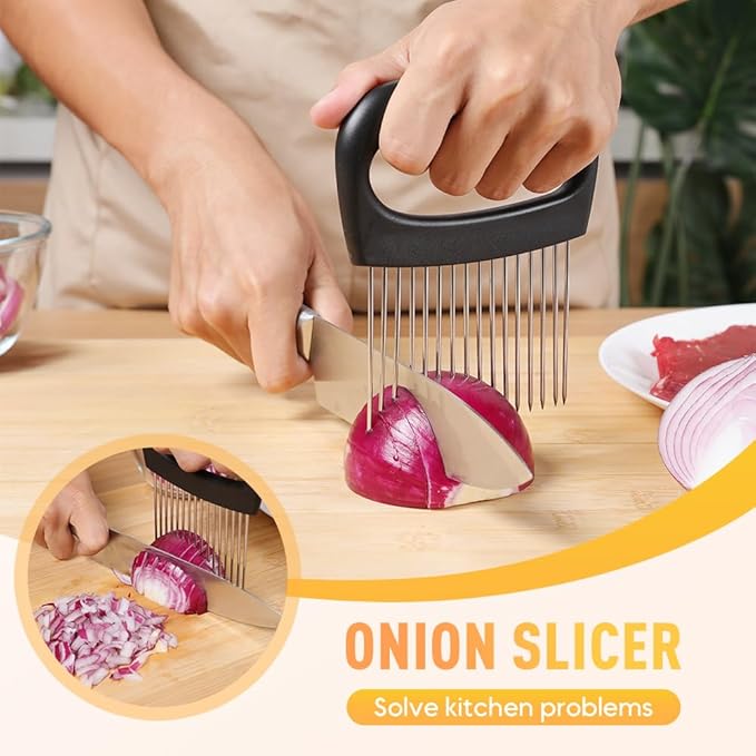 Onion Holder for Slicing, Stainless Steel Onion Slicer Holder, 2025 New Upgraded Tamato Slicer Vegetable Cutter Kitchen Gadeget Chopper Assistant Tool for Potato Lemon Fruit and Meat (1pc)