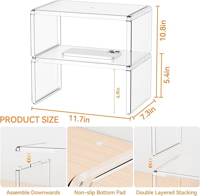 Yieach 4 Pack Acrylic Cabinet Organizer,2 Tier Stackable Shelves for Cabinets,RV Pantry Organization,Counter Space Saver Desk Organizers,Cupboard Shelf and Cabinet Stand & Risers for Mug,Cup,Dish