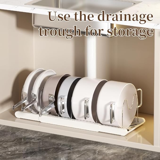 Expandable Pots and Pans Organizer Under Cabinet, 7 Stainless Steel Dividers, HIPS Base, 13-22 inch Heavy Duty Pan Rack with Lid Holder, Pot Organizer Inside Cabinet for Kitchen Storage