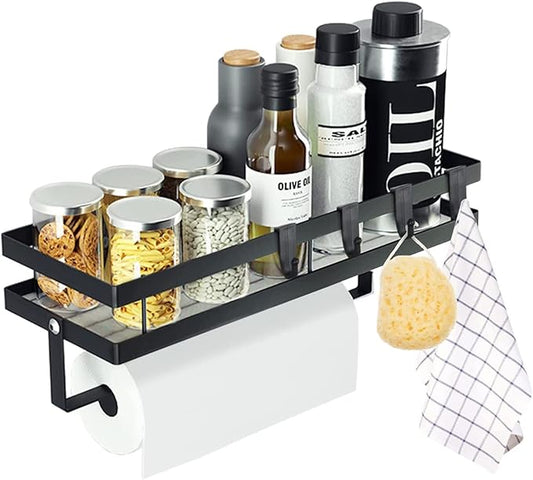 Spice Rack Organizer Wall Mounted with Paper Towel Holder, Bathroom Shelves Storage Shelves,Space Saving Spice Organizer，Sturdy Hanging Organizer with 4 Detachable Hooks for Kitchen and Bathroom