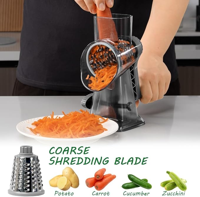 3 in 1 Manual Vegetable Cutter Machine with Stainless Steel Changeable Blades Rotary Cheese Grater Kitchen Tool Potato Slicer Shredder Nuts Chocolate Chopper (Transparent black)