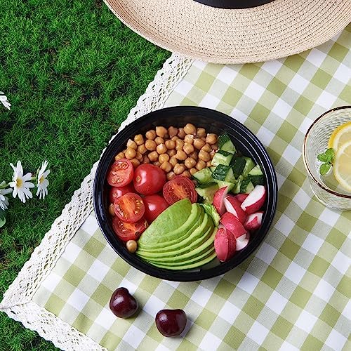24 oz 50 ct Round Meal Prep Food Storage Containers with Lids To Go Plastic Lunch Plan Box Disposable Take Out Bowls Black BPA Free Reusable Durable Stackable Microwave Freezer Dishwasher Safe
