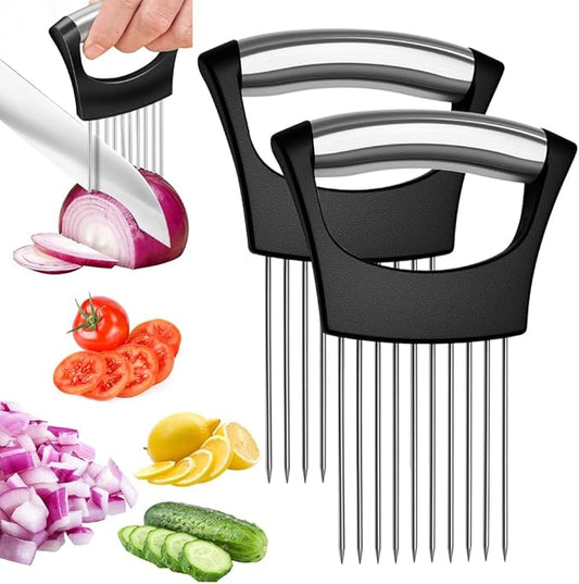 Onion Holder for Slicing, Stainless Steel Vegetable Slicer Cutter, Multifunctional Onion Slicing Tool for Tomato, Potato, Lemon, Meat, Easy Home Kitchen Chopper Assistant (2 Pack)