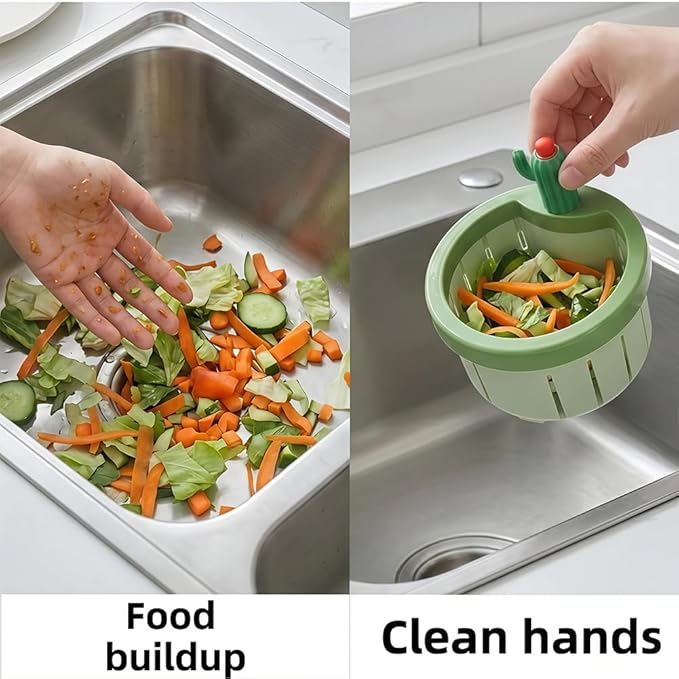 Cactus Kitchen Sink Drain Strainer, 2026 Upgrade Press Automatic Dumping Basket, Multi-Functional Anti-Clogging Kitchen Drainer With Lifting Handle (Green)