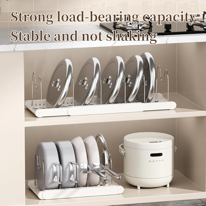 Expandable Pots and Pans Organizer Under Cabinet, 7 Stainless Steel Dividers, HIPS Base, 13-22 inch Heavy Duty Pan Rack with Lid Holder, Pot Organizer Inside Cabinet for Kitchen Storage