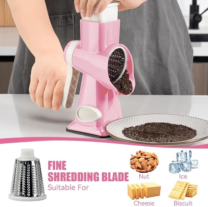 KEOUKE Rotary Cheese Grater Hand Crank Pink - Shredder Slicer Grinder 3 Stainless Steel Blades, Stable Suction, Labor-Saving Handle, Safe Kitchen Tool for Cheese, Vegetable, Nuts, Chocolate