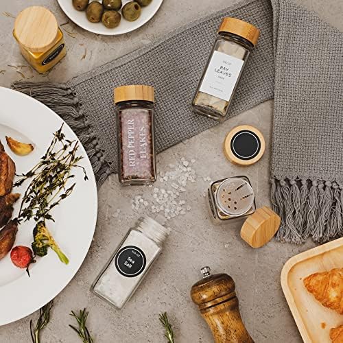 36 Pcs Glass Spice Jars with Bamboo Lids, 4 oz Glass Jars with Minimalist Farmhouse Spice Labels Stickers, Collapsible Funnel, Seasoning Storage Bottles for Spice Rack, Cabinet, Drawer