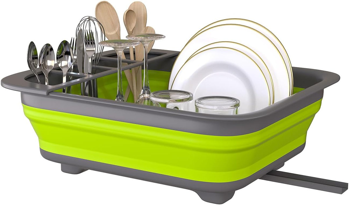 Collapsible Dish Drying Rack for RV Campers Portable Dinnerware Drainer Organizer for Kitchen Travel Trailer-Green